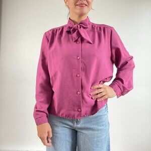 Vintage Magenta Button Up Shirt with Bow / Blouse - Size US M/L